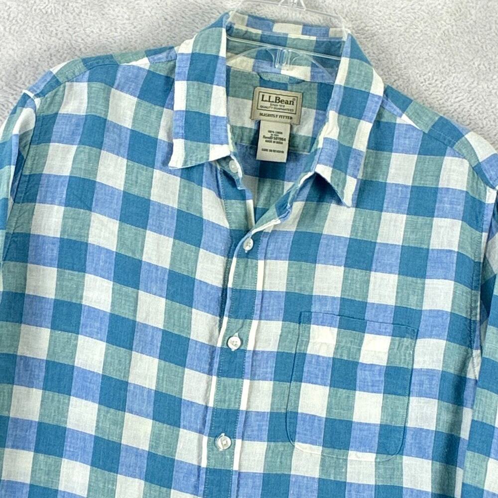 VTG LL Bean Shirt Mens M Blue White Plaid 100% Linen Preppy Classic Outdoors
